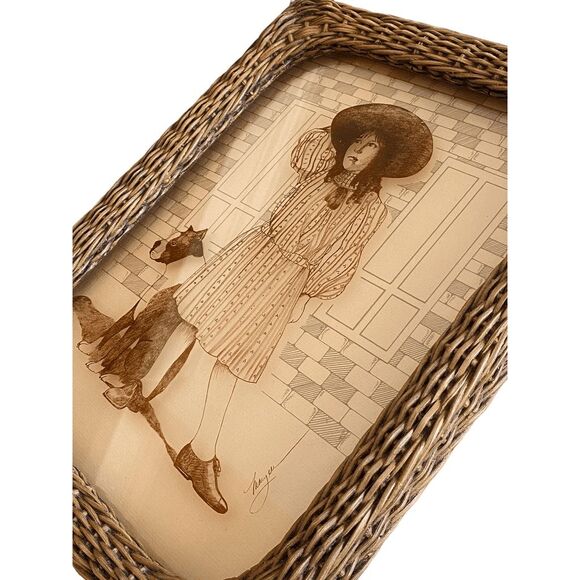Vintage Lucid Lines Photography on Glass Straw Hat Girl 1979 Wicker Frame - Picture 4 of 6
